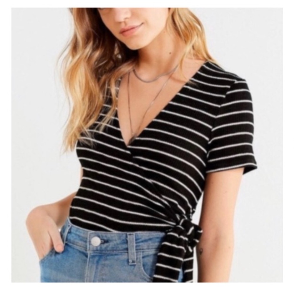 Urban Outfitters Black and White Striped Wrap Crop Top, xs